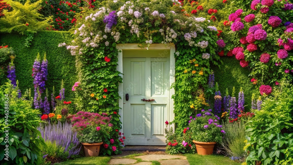 A serene and colorful garden scene with a white wooden door adorning a lush green foliage background, surrounded by blooming flowers and vines. A serene and colorful garden scene with a white wooden door adorning a lush green foliage background, surrounded by blooming flowers and vines.