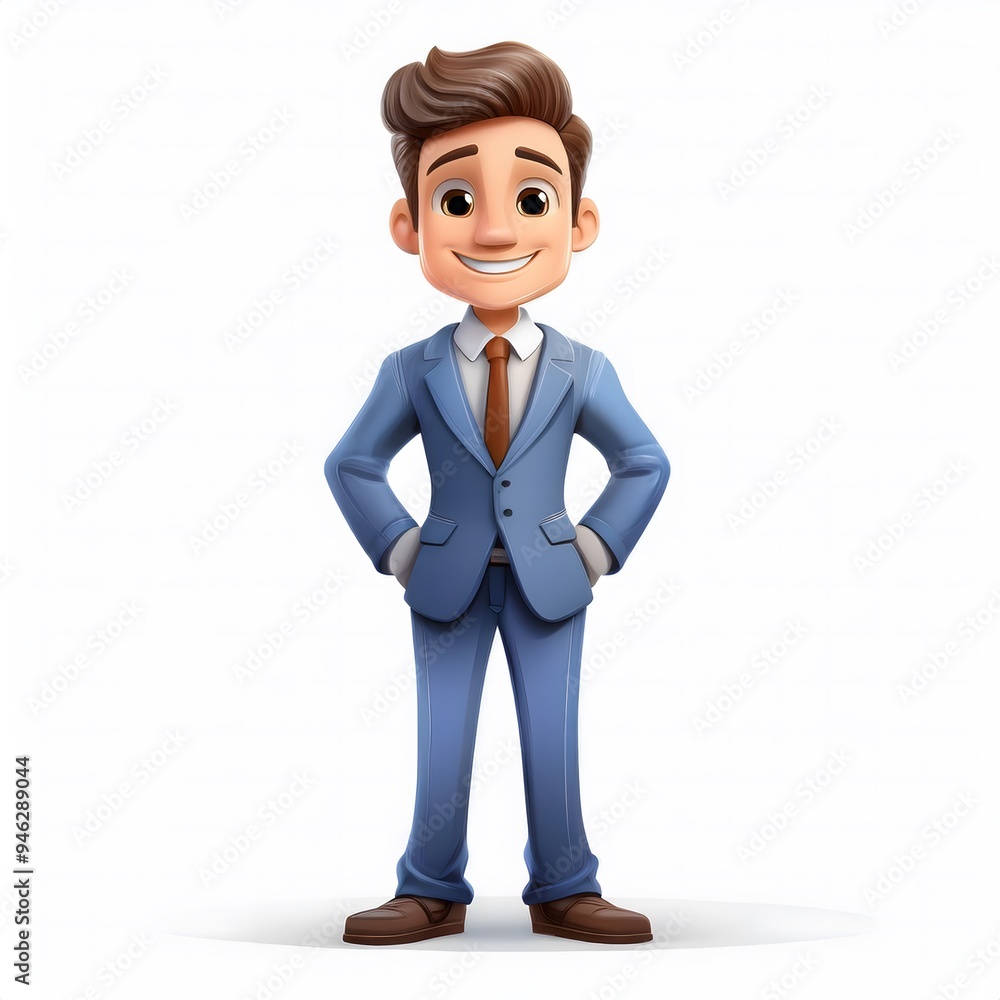 3d cartoon businessman with blue suit holding waist and smiling, white background 3d cartoon businessman with blue suit holding waist and smiling, white background