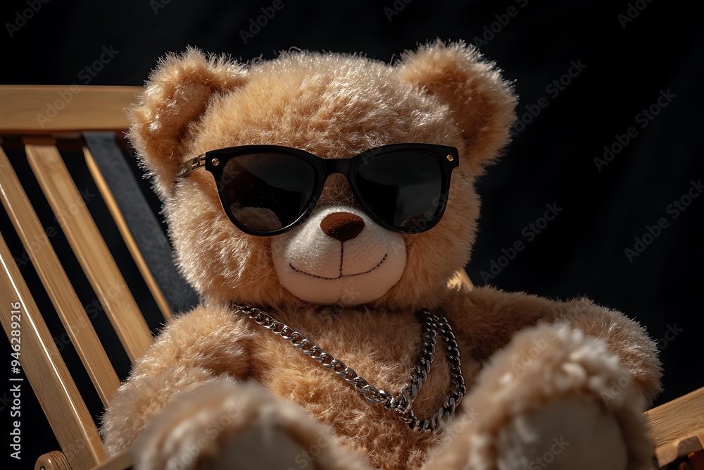 Cool Teddy Bear Relaxing in Beach Chair - Ultra-Realistic Toy Photography with Sunglasses and Chain Necklace on Black Background Cool Teddy Bear Relaxing in Beach Chair - Ultra-Realistic Toy Photography with Sunglasses and Chain Necklace on Black Background