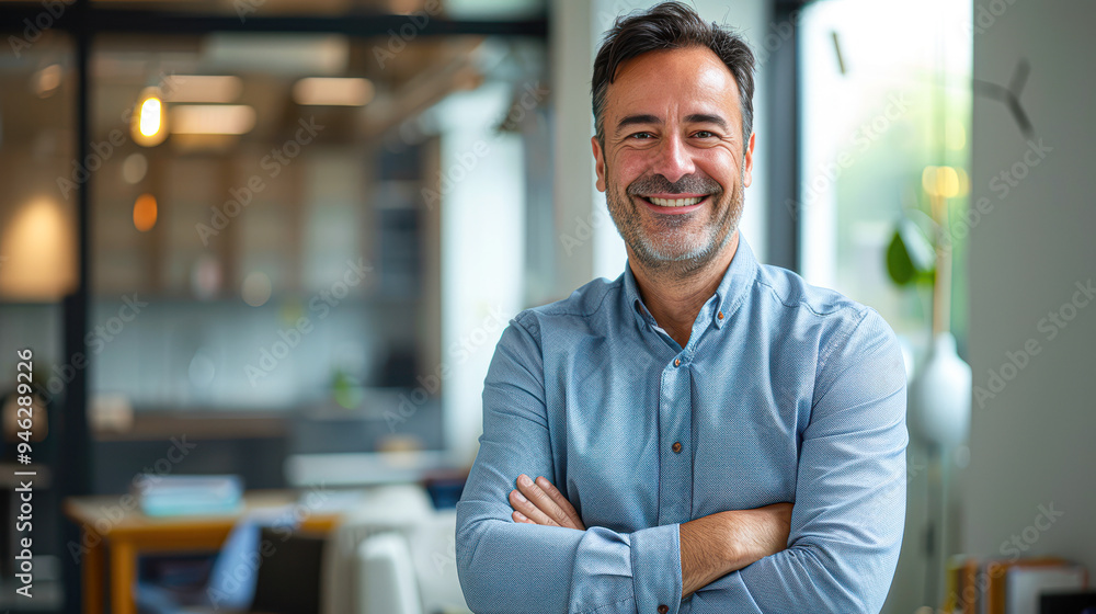 Fototapeta premium A man is smiling and posing for a picture in a room with a kitchen
