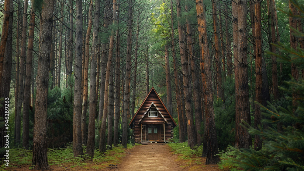a forest with a hidden cabin surrounded by towering pines a forest with a hidden cabin surrounded by towering pines