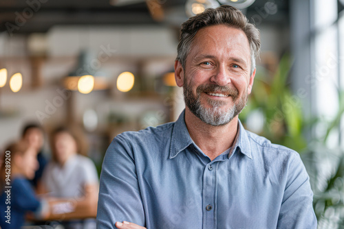 A man with a beard and a blue shirt is smiling at the camera