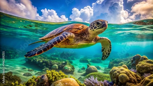 A serene green sea turtle swims gently in the clear turquoise waters of a Hawaiian beach, surrounded by vibrant coral and seaweed. photo