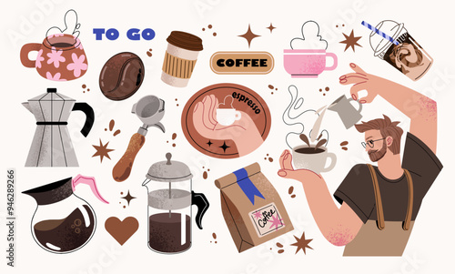 Coffee stickers set, barista character. Kettles, arabica coffee, cup, espresso, cappuccino, beans. Doodle minimalist flat clip art. Perfect for coffee shop adds design.