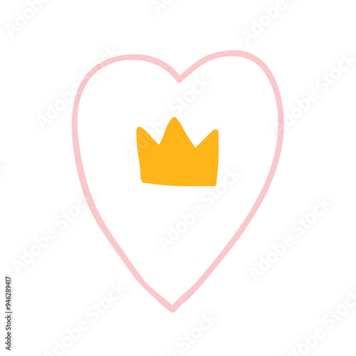 Heart with queen crown inside, doodle style romantic symbol. Cute simple doodle style, kids drawing, Valentine's Day, love icon, element. Flat graphic vector illustration isolated on white background