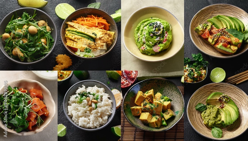 A vibrant, plant-based collage showcasing a variety of vegan dishes A vibrant, plant-based collage showcasing a variety of vegan dishes