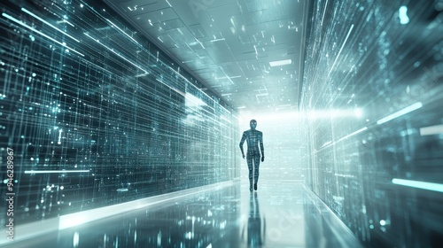 digital humanoid AI in a data center in white and light blue lines