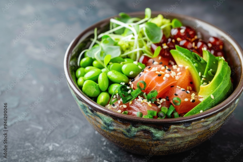 A vibrant poke bowl with fresh tuna, avocado, edamame, and sesame seeds, arranged beautifully in a ceramic bowl. Copy space for text A vibrant poke bowl with fresh tuna, avocado, edamame, and sesame seeds, arranged beautifully in a ceramic bowl. Copy space for text