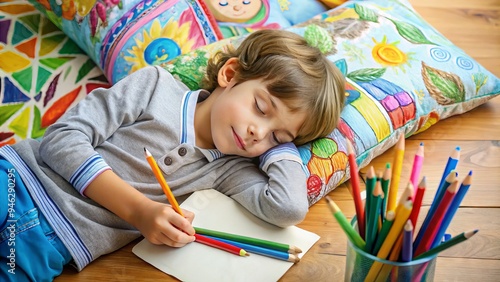 A serene young boy reclines on a pillow, pencils scattered around him, crayons and coloring book open, surrounded by vibrant artwork, lost in a peaceful slumber. photo