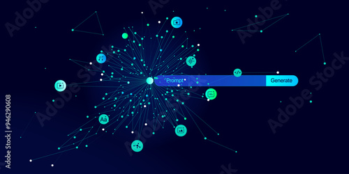 Illustration of abstract stream information. Generate image, video from prompt concept. Big data, technology, AI, data transfer, data flow, generative ai, large language model, ai brain background