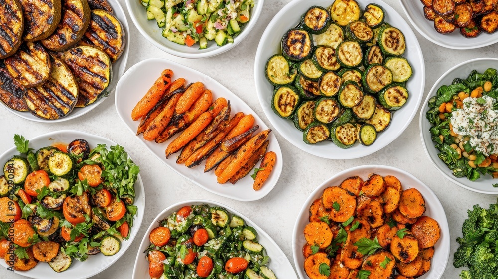 A delightful spread of assorted grilled vegetable dishes featuring colorful zucchinis, carrots, and salads, perfect for sharing A delightful spread of assorted grilled vegetable dishes featuring colorful zucchinis, carrots, and salads, perfect for sharing
