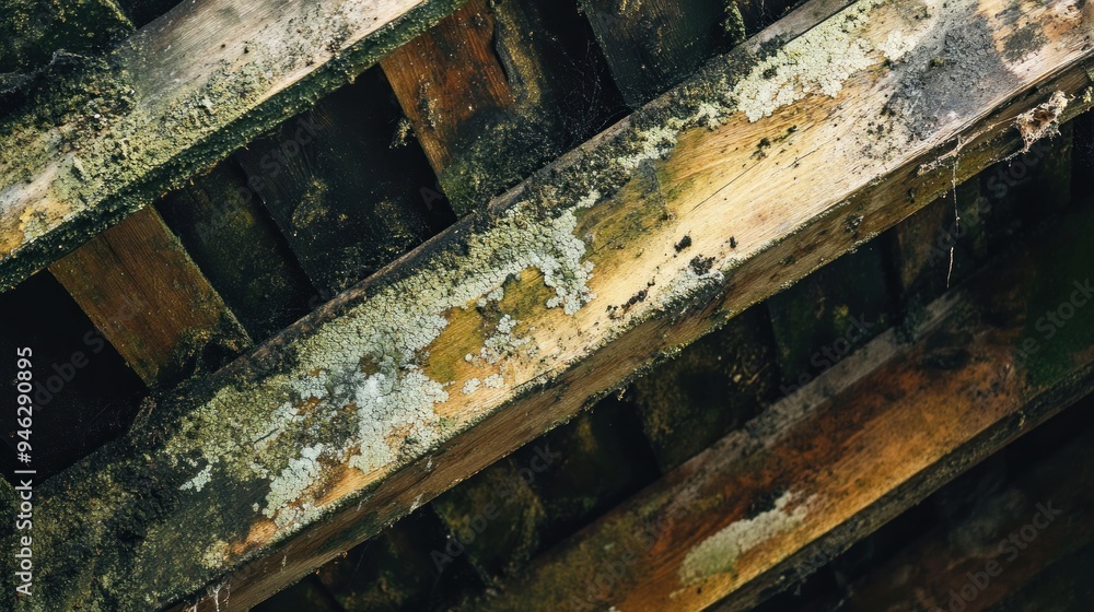 Close-up of Weathered Wooden Structure with Mold and Lichen
