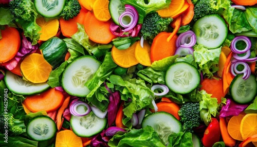 Organic salad, colorful mix of fresh vegetables, D illustration, focus cover all  object, deep depth of field, no blur, photo not dark, everything is clear, copy space