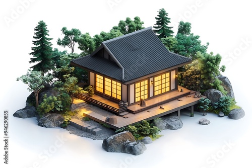 Tranquil 3D Isometric Thai Mountain Cabin in Pine Forest with Warm Glowing Light - Realistic Renderings and Detailed Illustrations on White Background