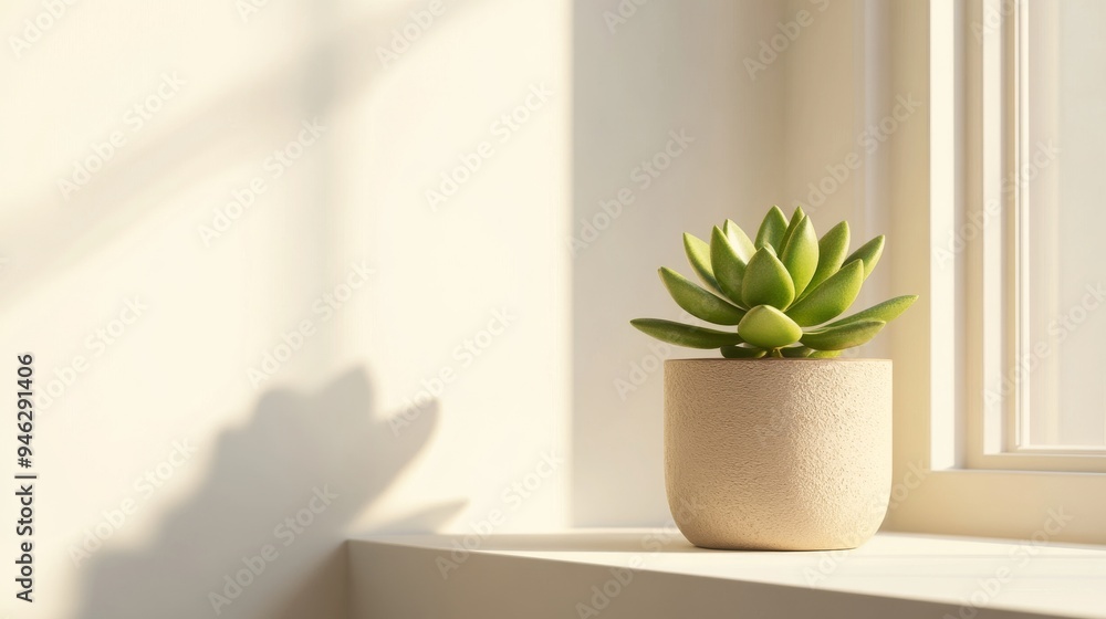 Serene Succulent Plant on Sunlit Windowsill - 3D Render with Soft Shadows Serene Succulent Plant on Sunlit Windowsill - 3D Render with Soft Shadows