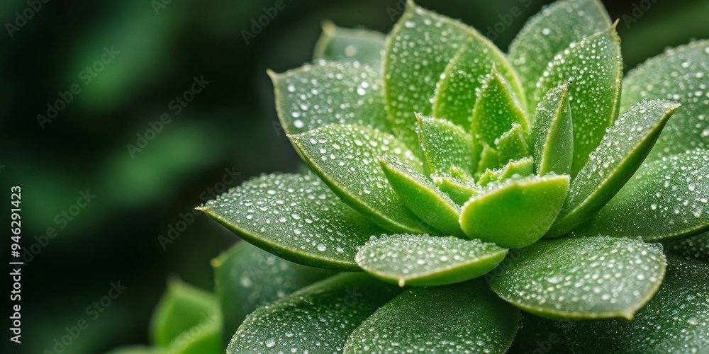 Fresh Dewy Succulent Plant with Water Droplets Close-up, Blurred Background Fresh Dewy Succulent Plant with Water Droplets Close-up, Blurred Background