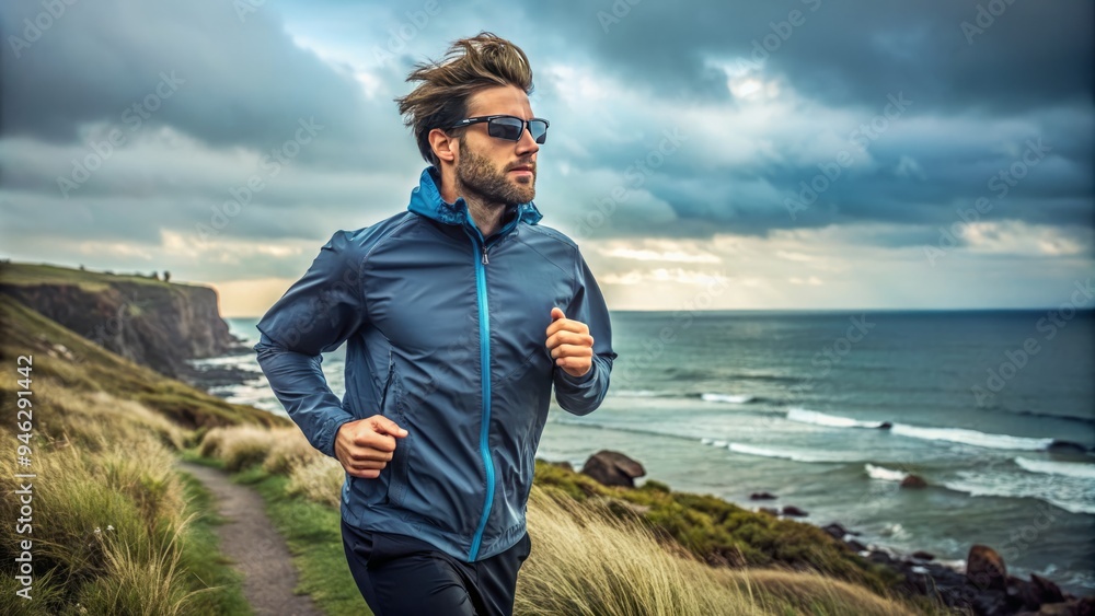 A sleek athletic individual wearing a waterproof windbreaker and sunglasses runs casually along a scenic coastal trail on a cloudy early morning. A sleek athletic individual wearing a waterproof windbreaker and sunglasses runs casually along a scenic coastal trail on a cloudy early morning.