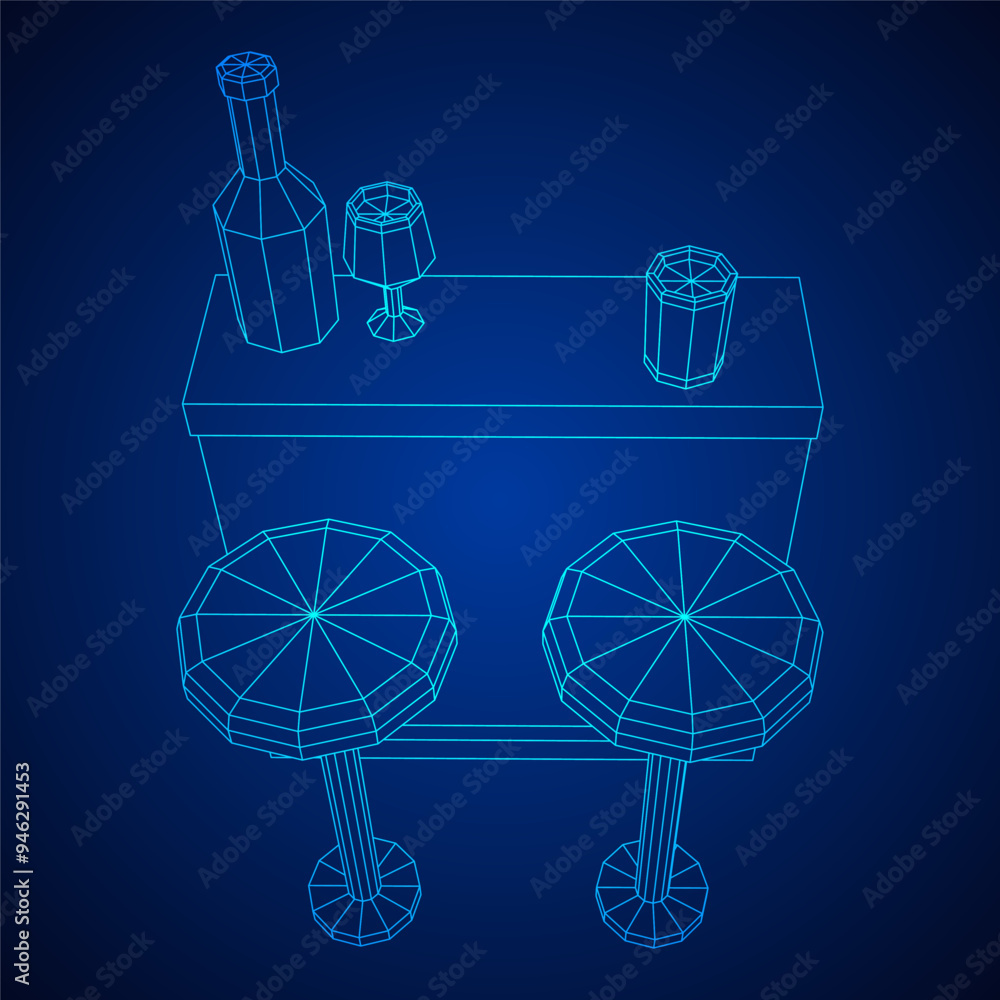 Bar counter with stools, bar top with bottles and glasses. Wireframe low poly mesh vector illustration. Bar counter with stools, bar top with bottles and glasses. Wireframe low poly mesh vector illustration.