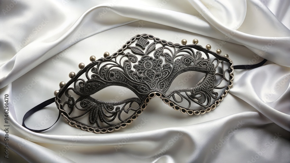 A sleek black eye mask with a Velcro strap, adorned with intricate silver filigree, sits atop a luxurious white satin cloth, exuding mystery and sophistication. A sleek black eye mask with a Velcro strap, adorned with intricate silver filigree, sits atop a luxurious white satin cloth, exuding mystery and sophistication.