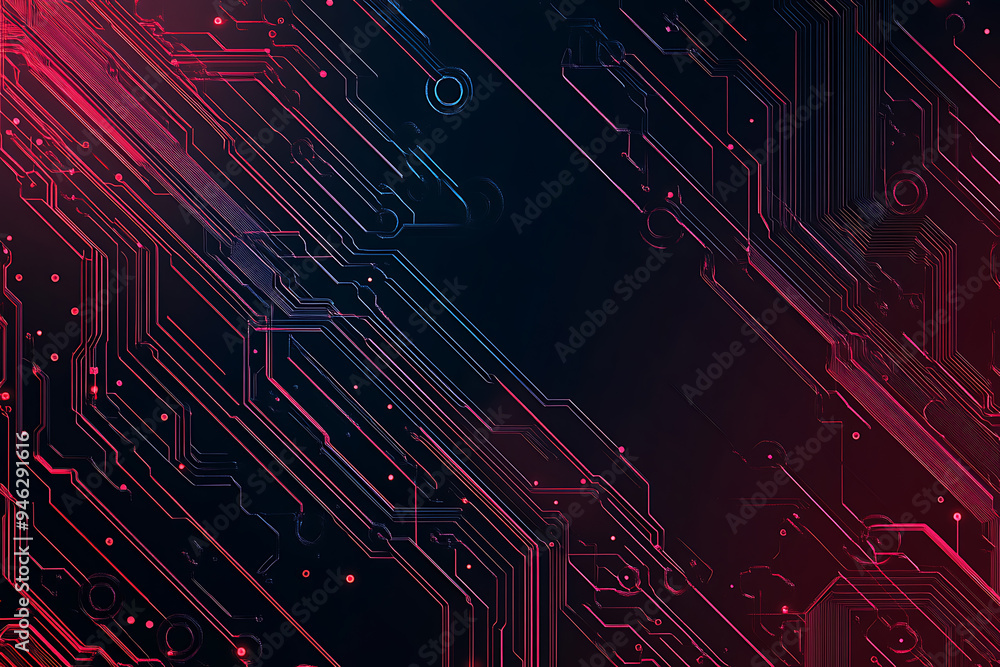 Abstract representation of a circuit board with glowing neon lines and geometric patterns against a dark background. The image evokes a high-tech, futuristic feel with ample copy space Abstract representation of a circuit board with glowing neon lines and geometric patterns against a dark background. The image evokes a high-tech, futuristic feel with ample copy space