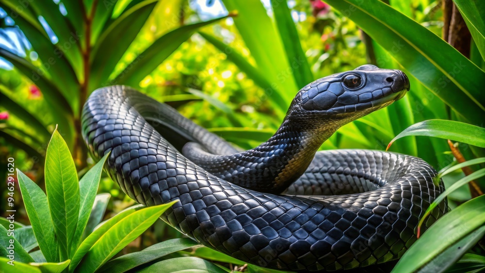 A sleek black snake slithers through lush green foliage, its scaly body blending into the shadows, yet standing out against the vibrant tropical vegetation. A sleek black snake slithers through lush green foliage, its scaly body blending into the shadows, yet standing out against the vibrant tropical vegetation.
