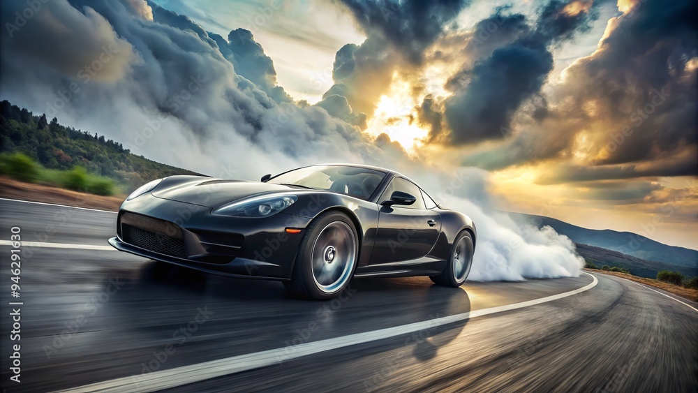 A sleek, black sports car accelerates down a winding road, clouds of smoke trailing behind its spinning tires as it blurs past a blurred landscape backdrop. A sleek, black sports car accelerates down a winding road, clouds of smoke trailing behind its spinning tires as it blurs past a blurred landscape backdrop.