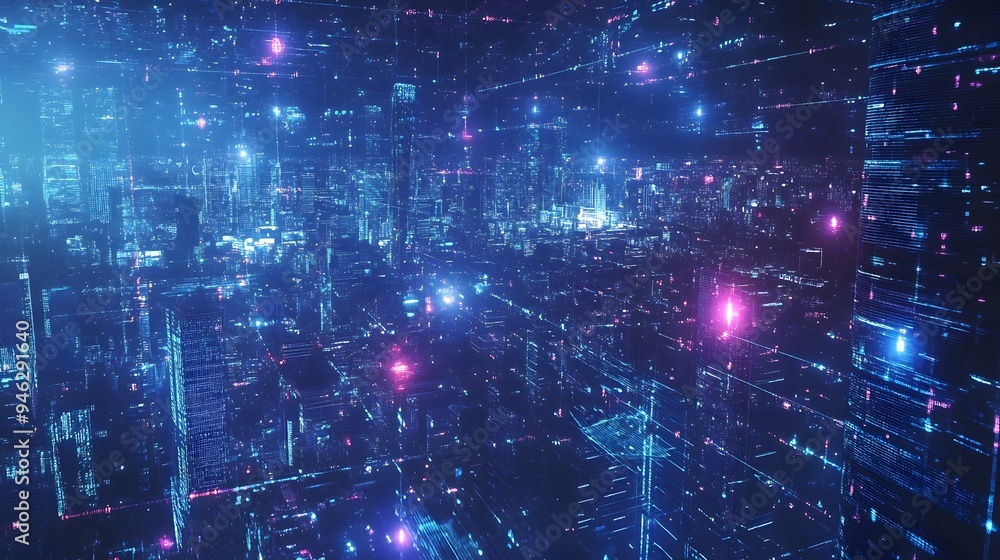 Obraz premium Holographic display of blockchain and AI data networks overlaid on a cityscape