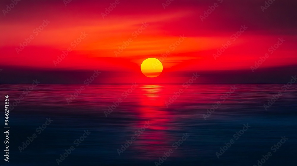 A red and orange sunset over the ocean with the sun setting in the distance A red and orange sunset over the ocean with the sun setting in the distance