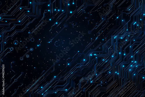  Abstract representation of a circuit board with glowing neon lines and geometric patterns against a dark background. The image evokes a high-tech, futuristic feel with ample copy space