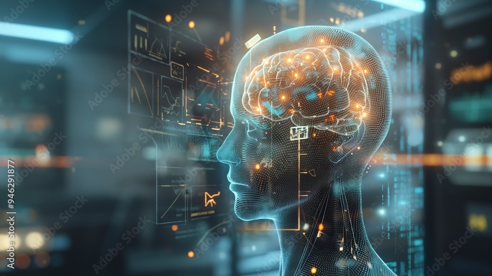 A digital representation of a human brain with data visualization elements. A digital representation of a human brain with data visualization elements.