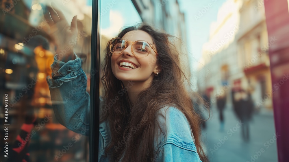 Happy young woman smiling while enjoying a sunny day shopping in a bustling city street Happy young woman smiling while enjoying a sunny day shopping in a bustling city street