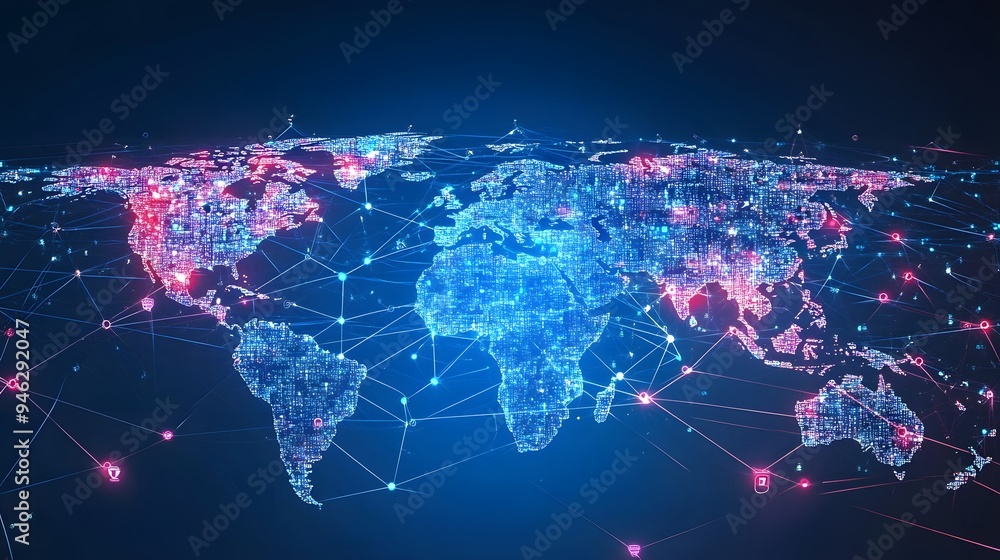 A global map with blockchain data paths and AI data analytics highlighted A global map with blockchain data paths and AI data analytics highlighted