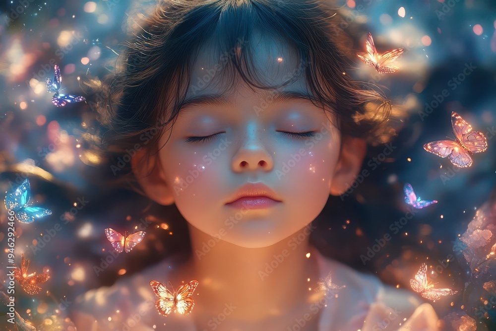 ethereal child meditating in a cosmic garden surrounded by glowing butterflies and floating crystals soft pastel hues magical aura celestial background with twinkling stars ethereal child meditating in a cosmic garden surrounded by glowing butterflies and floating crystals soft pastel hues magical aura celestial background with twinkling stars