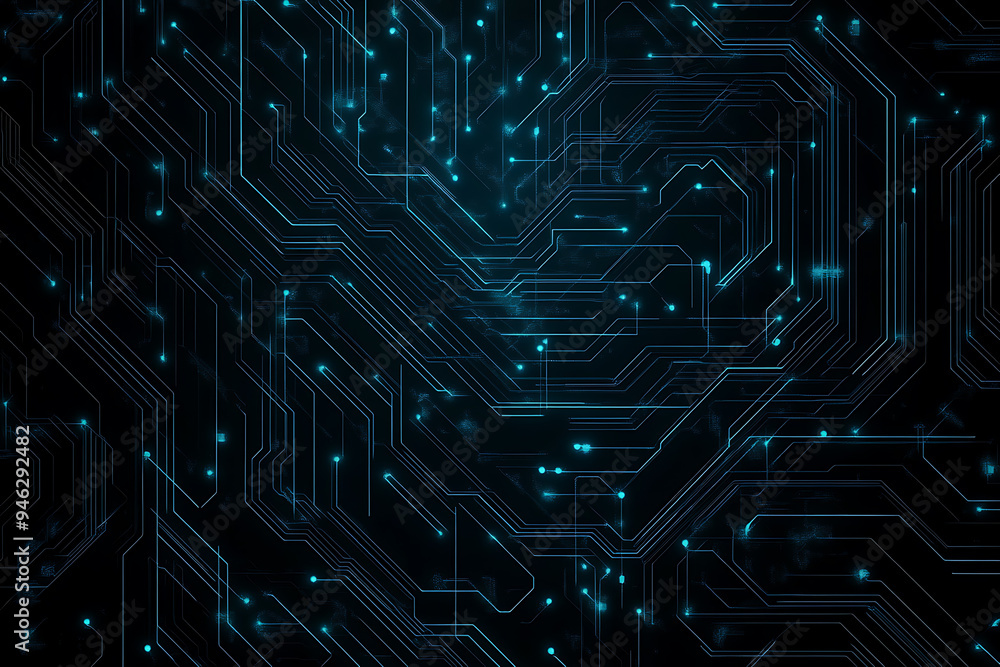 Abstract representation of a circuit board with glowing neon lines and geometric patterns against a dark background. The image evokes a high-tech, futuristic feel with ample copy space Abstract representation of a circuit board with glowing neon lines and geometric patterns against a dark background. The image evokes a high-tech, futuristic feel with ample copy space