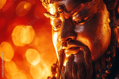 Fudo Myoo: Intense Close-Up Portrait on Fiery Red and Gold Background with High-Definition Wallpaper Style and Soft Lighting photo