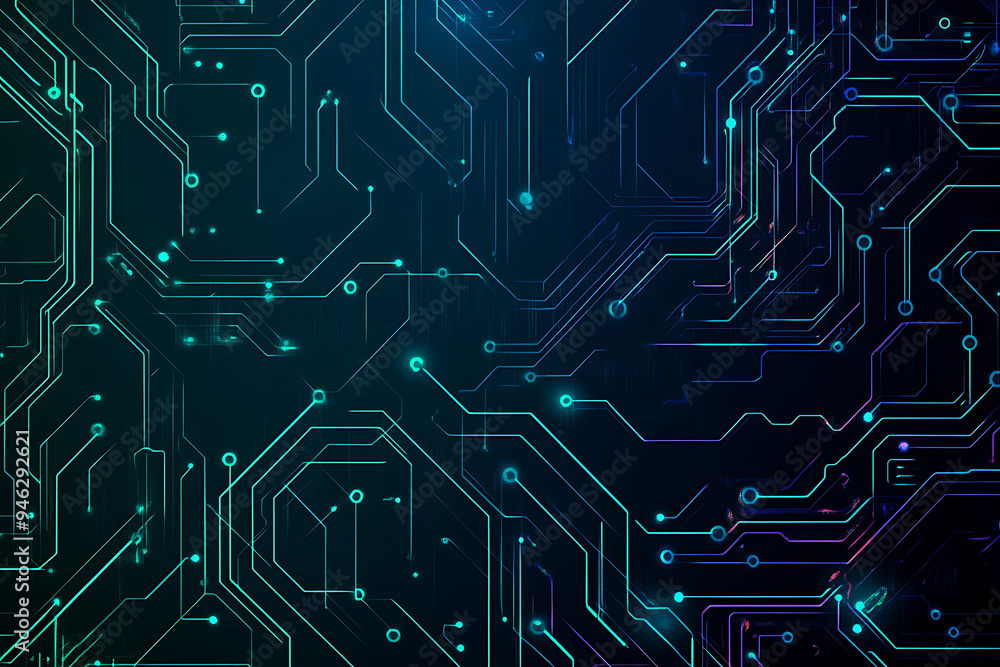 Abstract representation of a circuit board with glowing neon lines and geometric patterns against a dark background. The image evokes a high-tech, futuristic feel with ample copy space Abstract representation of a circuit board with glowing neon lines and geometric patterns against a dark background. The image evokes a high-tech, futuristic feel with ample copy space
