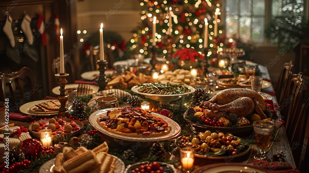 This inviting scene showcases a cozy Christmas dinner table filled with holiday treats, flickering candles, and charming decorations, embodying the warmth and joy of family gatherings. This inviting scene showcases a cozy Christmas dinner table filled with holiday treats, flickering candles, and charming decorations, embodying the warmth and joy of family gatherings.