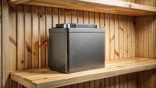 A sleek, modern rechargeable lithium-ion battery pack with a compact design, ideal for powering homes, cabins, or remote off-grid energy systems, sits on a wooden shelf. photo