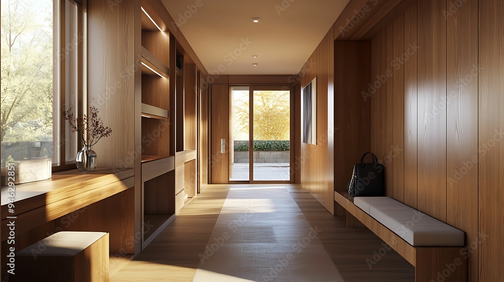 Fototapeta premium A modern entryway featuring warm wooden finishes, soft lighting, and large windows that allow natural light to create a welcoming and serene atmosphere.