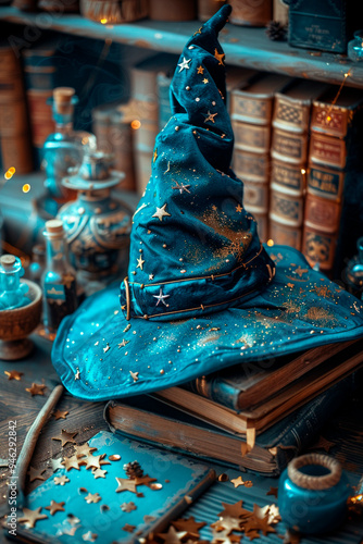 a witch hat on a table with a magical bottle and old books in the background.