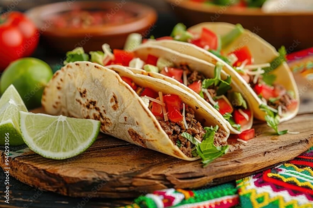 A vibrant taco filled with seasoned beef, shredded lettuce, diced tomatoes, and cheese, served with lime wedges on a rustic wooden board with a colorful Mexican tablecloth. Copy space for text A vibrant taco filled with seasoned beef, shredded lettuce, diced tomatoes, and cheese, served with lime wedges on a rustic wooden board with a colorful Mexican tablecloth. Copy space for text