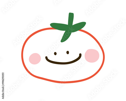 Happy tomato, food character smiling, simple doodle style. Cute funny vegetable with face, playful design element. Childlike drawing. Childish flat vector illustration isolated on white background