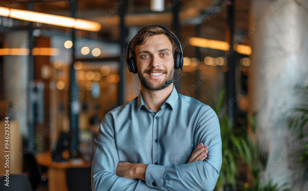 Fototapeta premium Close up of handsome male worker with video headset smiling and looking at camera, tech support worker working inside office.