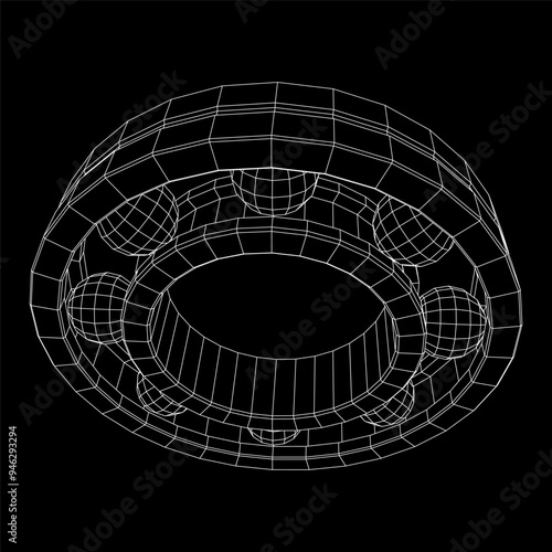 Roller bearing. Circular round rotating bearings used in industry for heavy equipment mechanical work and engineering. Wireframe low poly mesh vector illustration.