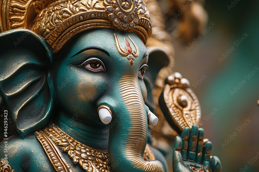 Obraz premium Majestic Close-up Portrait of Ganesha with Emerald and Bronze Background in High-Definition Wallpaper Style