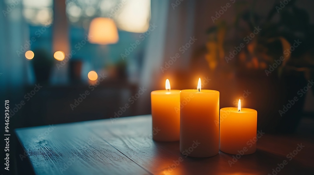 Three burning candles on a wooden table in a dimly lit, cozy room, creating a warm and tranquil ambiance with blurred background elements. Three burning candles on a wooden table in a dimly lit, cozy room, creating a warm and tranquil ambiance with blurred background elements.