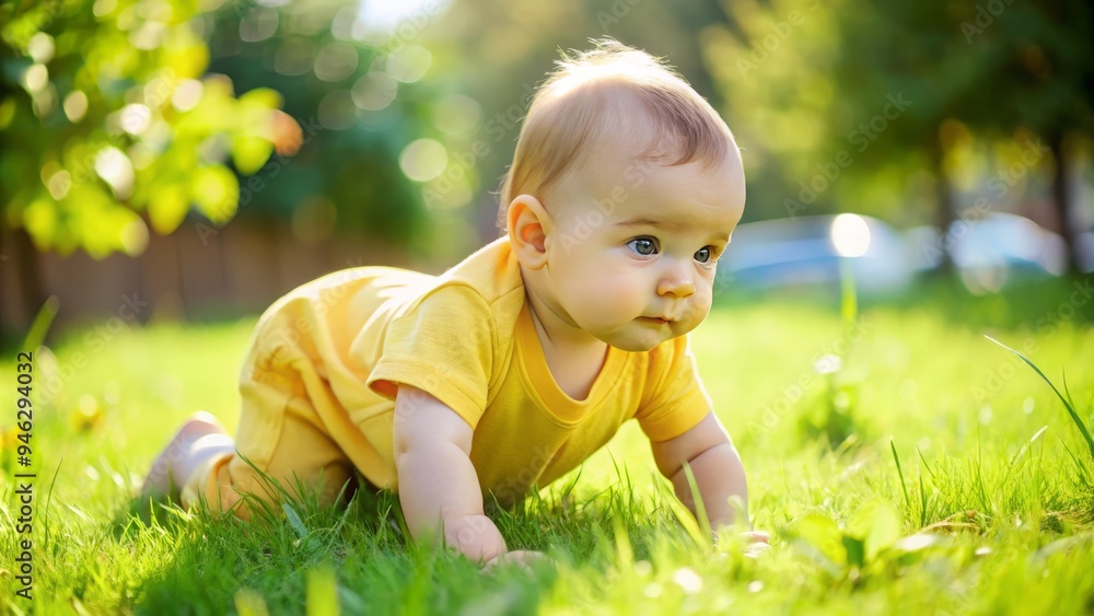 A small, curious baby boy crawls slowly on a soft, green grass lawn, wearing a bright yellow romper, on a sunny afternoon outdoors. A small, curious baby boy crawls slowly on a soft, green grass lawn, wearing a bright yellow romper, on a sunny afternoon outdoors.