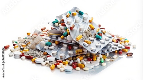 A small pile of crushed pills and fragments of blister packs surrounded by scattered medication instructions and prescription labels on a white background. photo