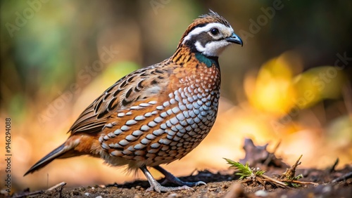 A small, rounded northern bobwhite quail with brown and white feathers, black head stripe, and distinctive topknot, perches on a sunny woodland floor. photo