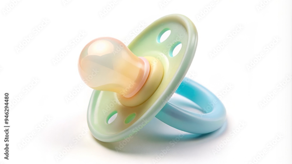 A soft, pastel-colored pacifier lies on a white background, its gentle curves and soothing presence evoking feelings of comfort and tranquility in infancy. A soft, pastel-colored pacifier lies on a white background, its gentle curves and soothing presence evoking feelings of comfort and tranquility in infancy.
